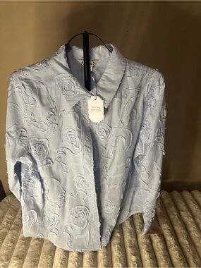 Nanette Laporte Light Blue Floral Embroidered Button-Up Shirt
